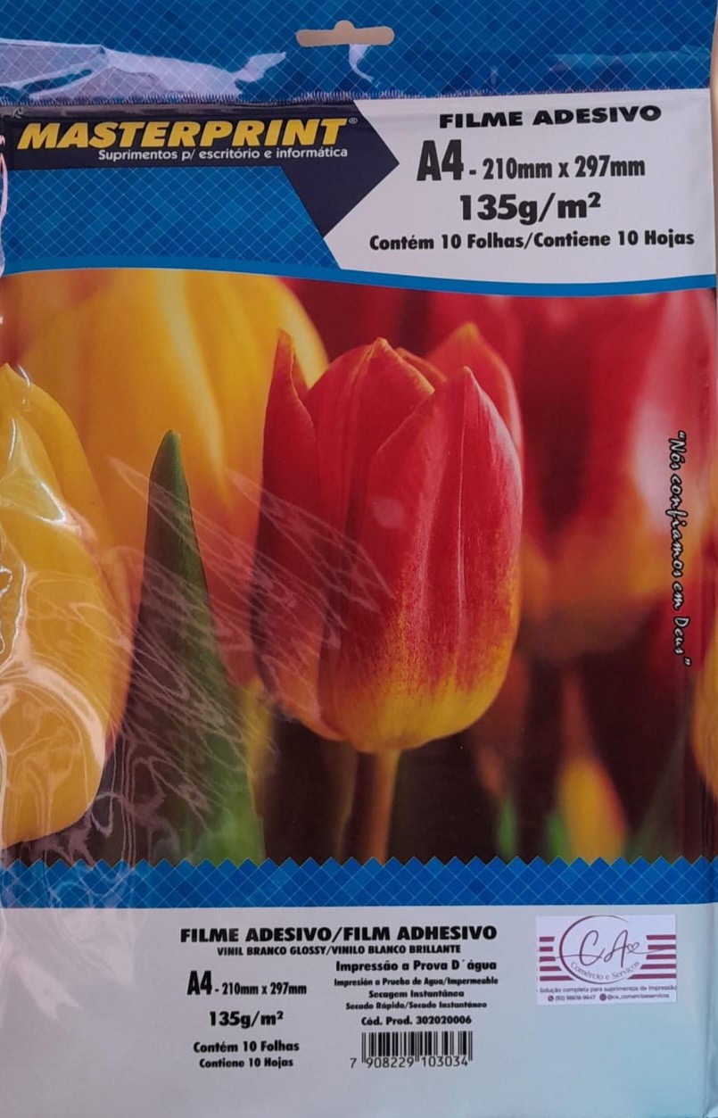 FILME ADESIVO VINIL PROVA D'AGUA BRANCO 135G/M² A4 10 FLS
