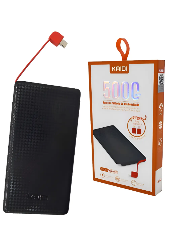 Carregador Portátil Kaidi 5000mAh USB Preto Power Bank KD-952