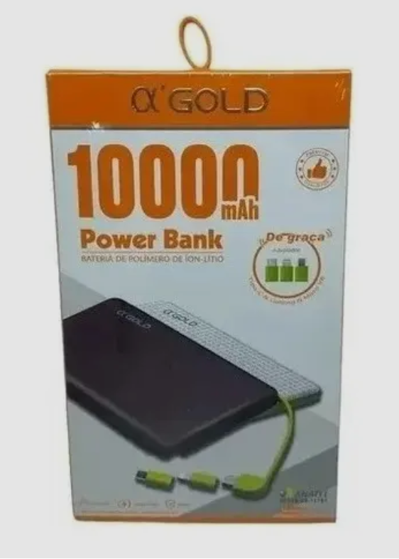 Carregador Portátil A'Gold Turbo Power Bank 10000mAh Preto Lightning V8 Tipo-C