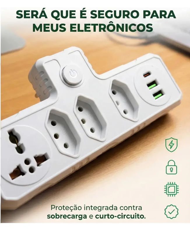 Benjamim Adaptador Universal Tomada Usb Tipo C Filtro Linha
