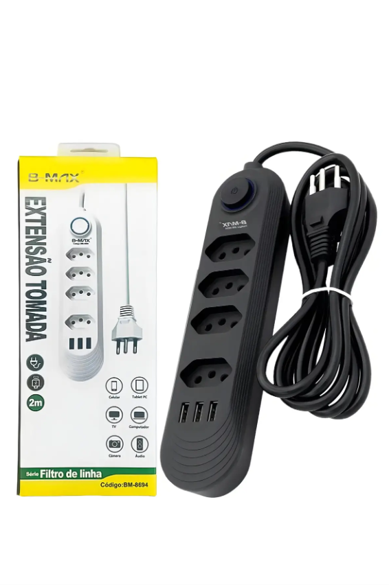Filtro de Linha Bivolt B-max 4 Tomadas 3 USB Cabo 2m Proteção 2500W