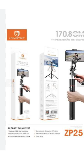 Tripé Bastão De Selfie H’maston ZP-25, Com controle Bluetooth 1.70m