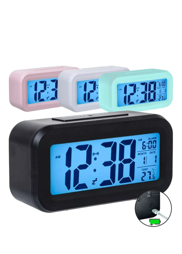 Relógio Despertador Digital De Mesa Temperatura Recarregável Cor Azul