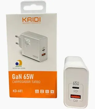 CARREGADOR TURBO TIPO C KAIDI GaN 65 W