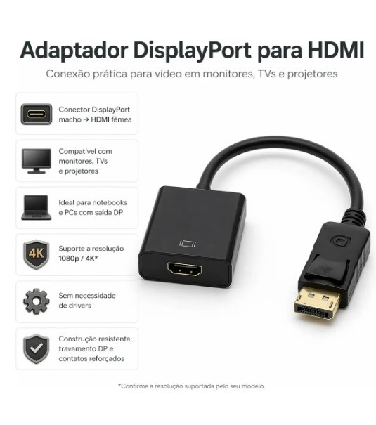 Cabo Adaptador Displayport Macho Para Hdmi Femea Plug